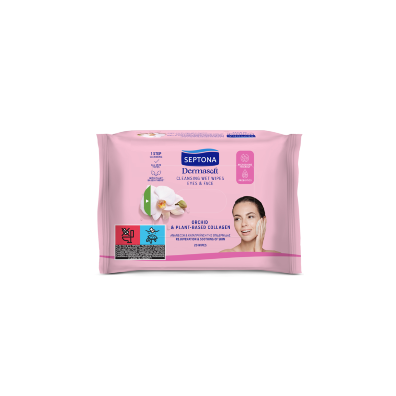 Septona Dermasoft Cleansing Wet Wipes Eyes & Face Orchid & Plant -Based Collagen